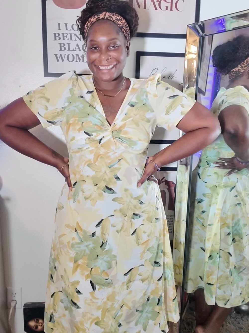 Yellow Floral V-Neck Midi Dress